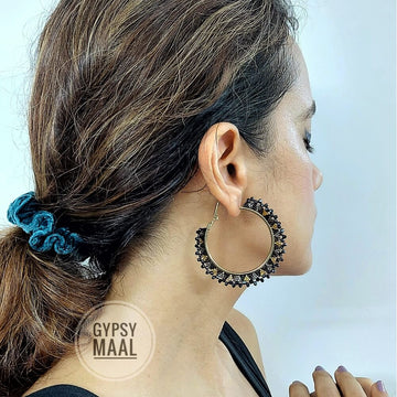 Black & Gold Aztec Bugle Beads Earrings